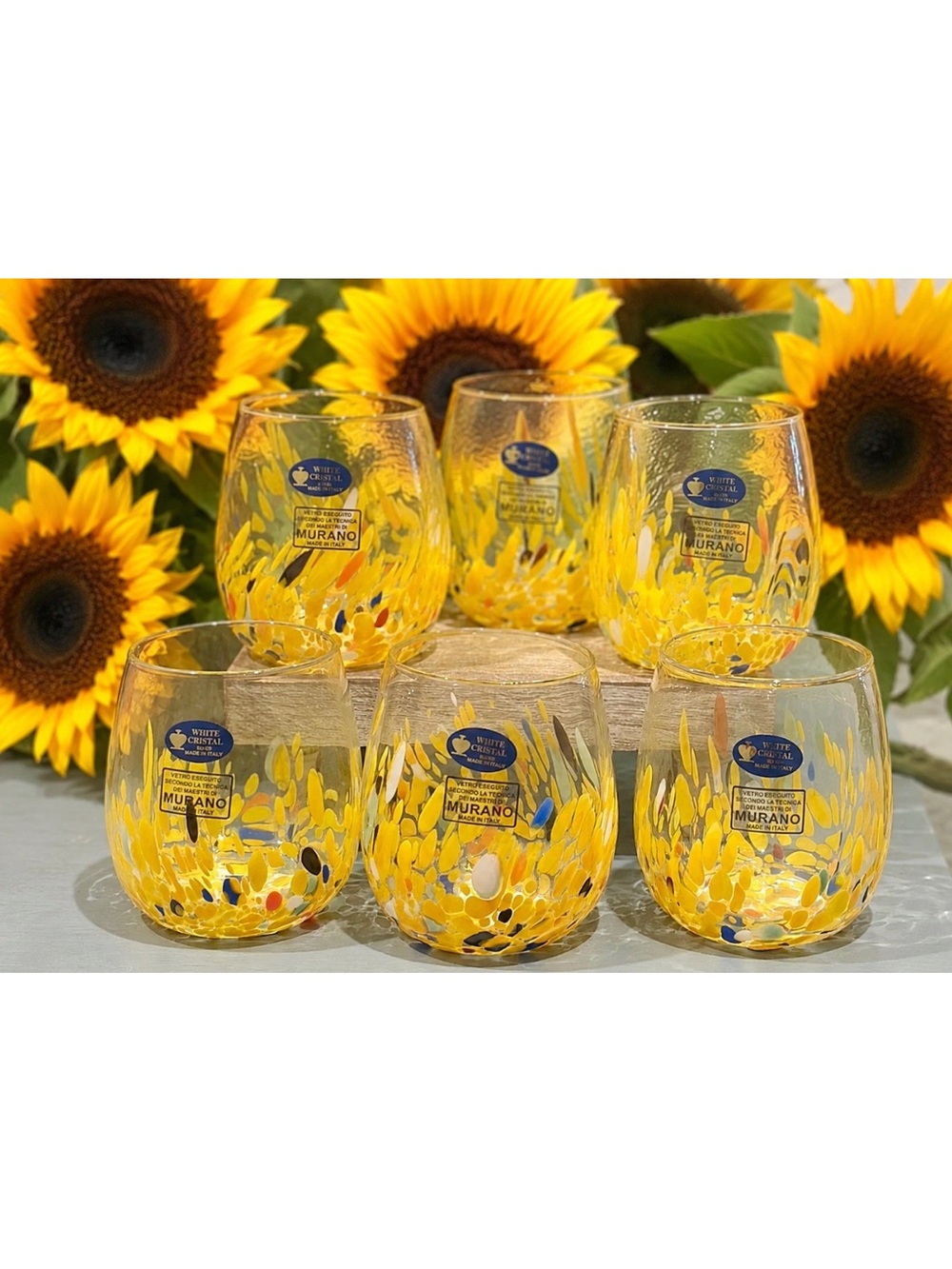 6 NEW Murano White Cristal Sunflower Yellow Confetti Stemless Tumblers Italy